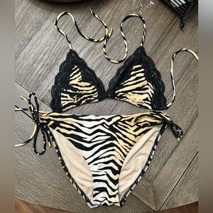 3 pieces! Victoria's Secret Black and Cream Bikini Set with Adjustable Ties